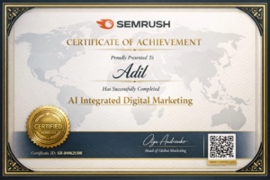 SEMrush certificate of achievement for Adil