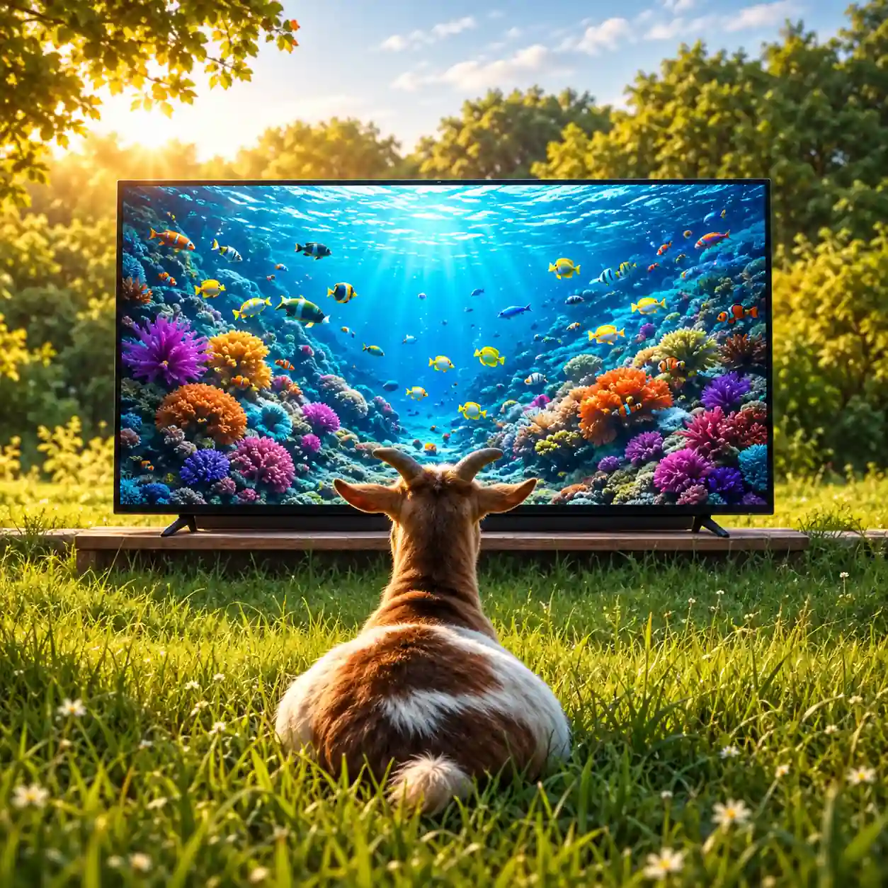 a goat seeing a TV